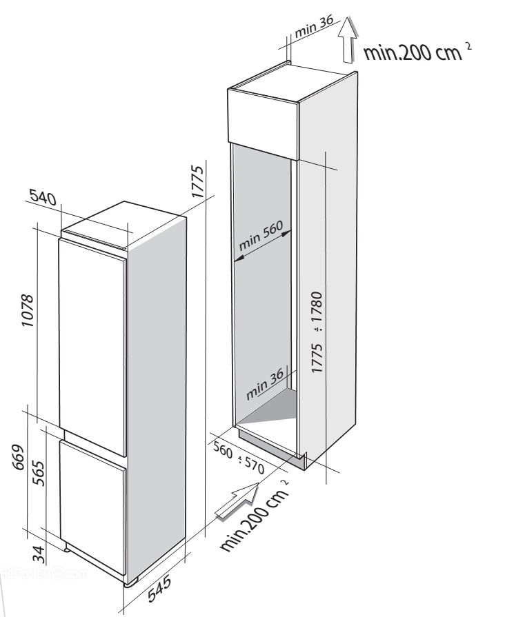 Ширина и глубина холодильника на картинке